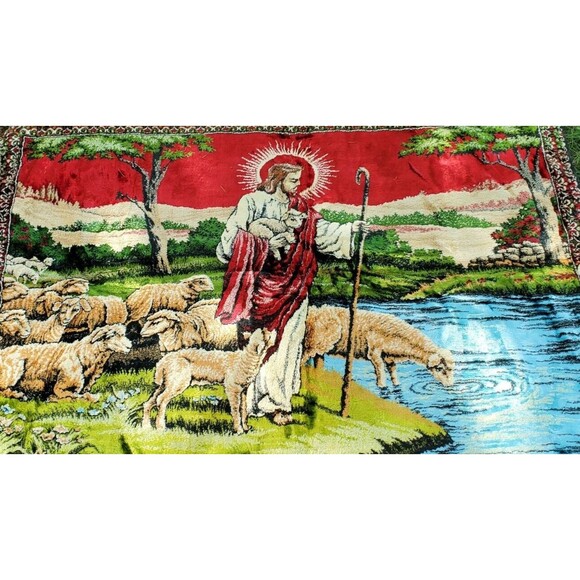 Vtg 70 Religious Jesus Christ & Lambs Velvet Sofa Tapestry Style Lg Wall Hanging - Picture 6 of 10